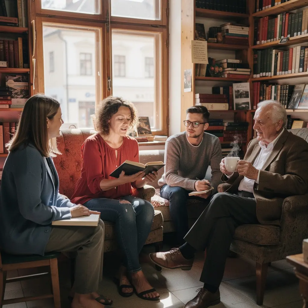 ZГЎbД›r z ЕѕivГ© diskuse mezi ДЌleny ДЌtenГЎЕ™skГ©ho klubu v ГєtulnГ©m prostЕ™edГ­.