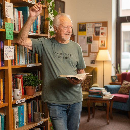 Pohled na knihkupectví s policemi plnými knih a místem pro setkání čtenářů.